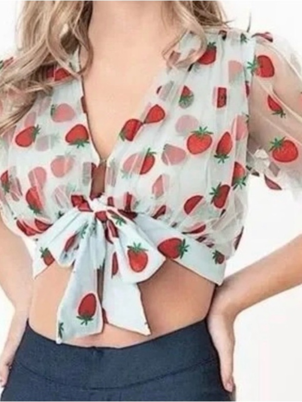 Sheer Strawberry Tie-Front Crop Top - White/Red